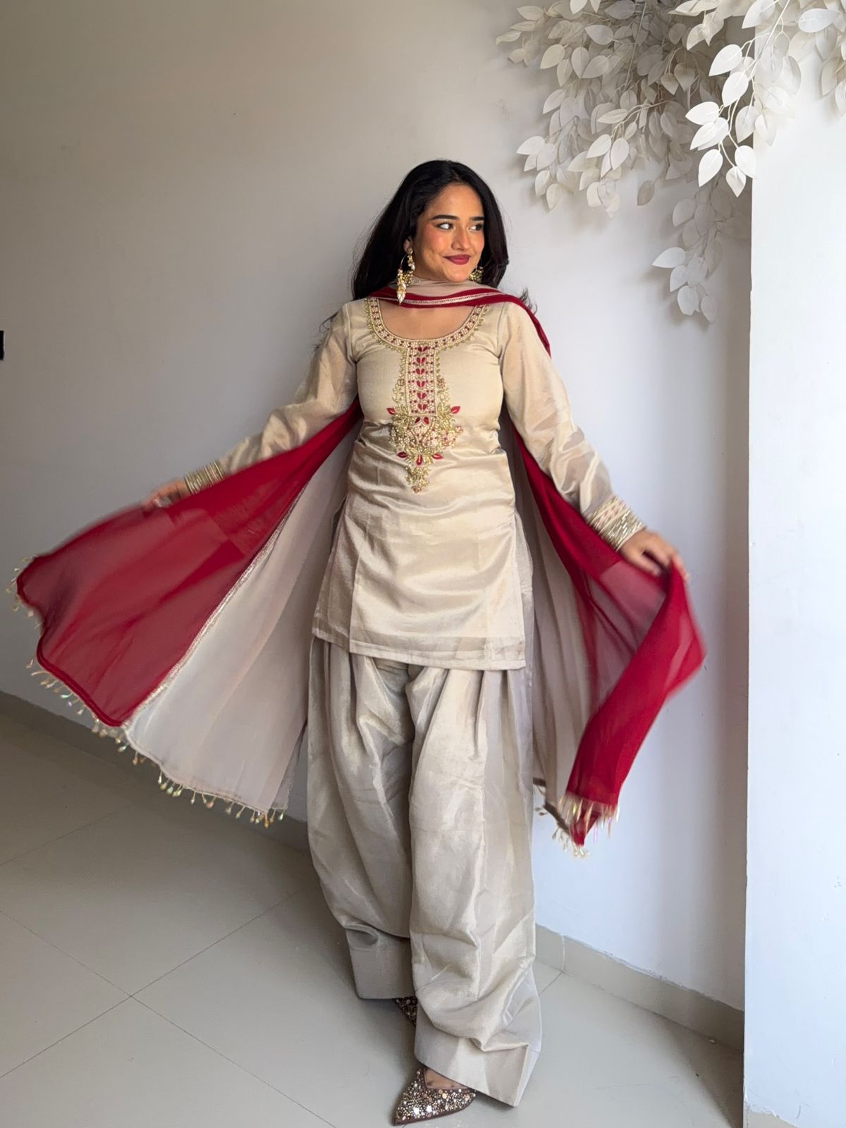 BEIGE TEBBY ORGANZA EMBROIDERED SUIT SET WITH  FARSHI BOTTOM