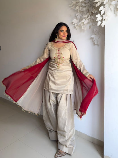 BEIGE TEBBY ORGANZA EMBROIDERED SUIT SET WITH  FARSHI BOTTOM