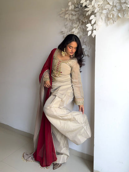 BEIGE TEBBY ORGANZA EMBROIDERED SUIT SET WITH  FARSHI BOTTOM