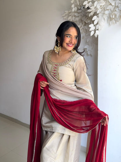 BEIGE TEBBY ORGANZA EMBROIDERED SUIT SET WITH  FARSHI BOTTOM
