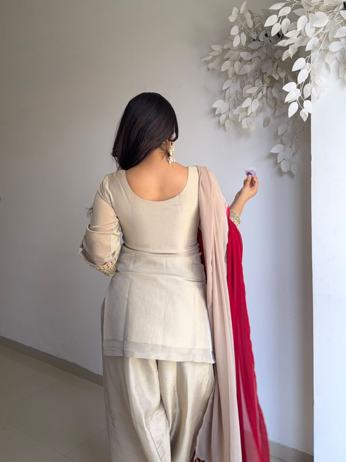 BEIGE TEBBY ORGANZA EMBROIDERED SUIT SET WITH  FARSHI BOTTOM