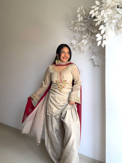 BEIGE TEBBY ORGANZA EMBROIDERED SUIT SET WITH  FARSHI BOTTOM
