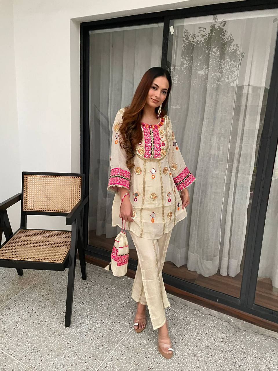 CREAM MIRROR WORK CO-ORD SET WITH SEQUENCE EMBROIDERY