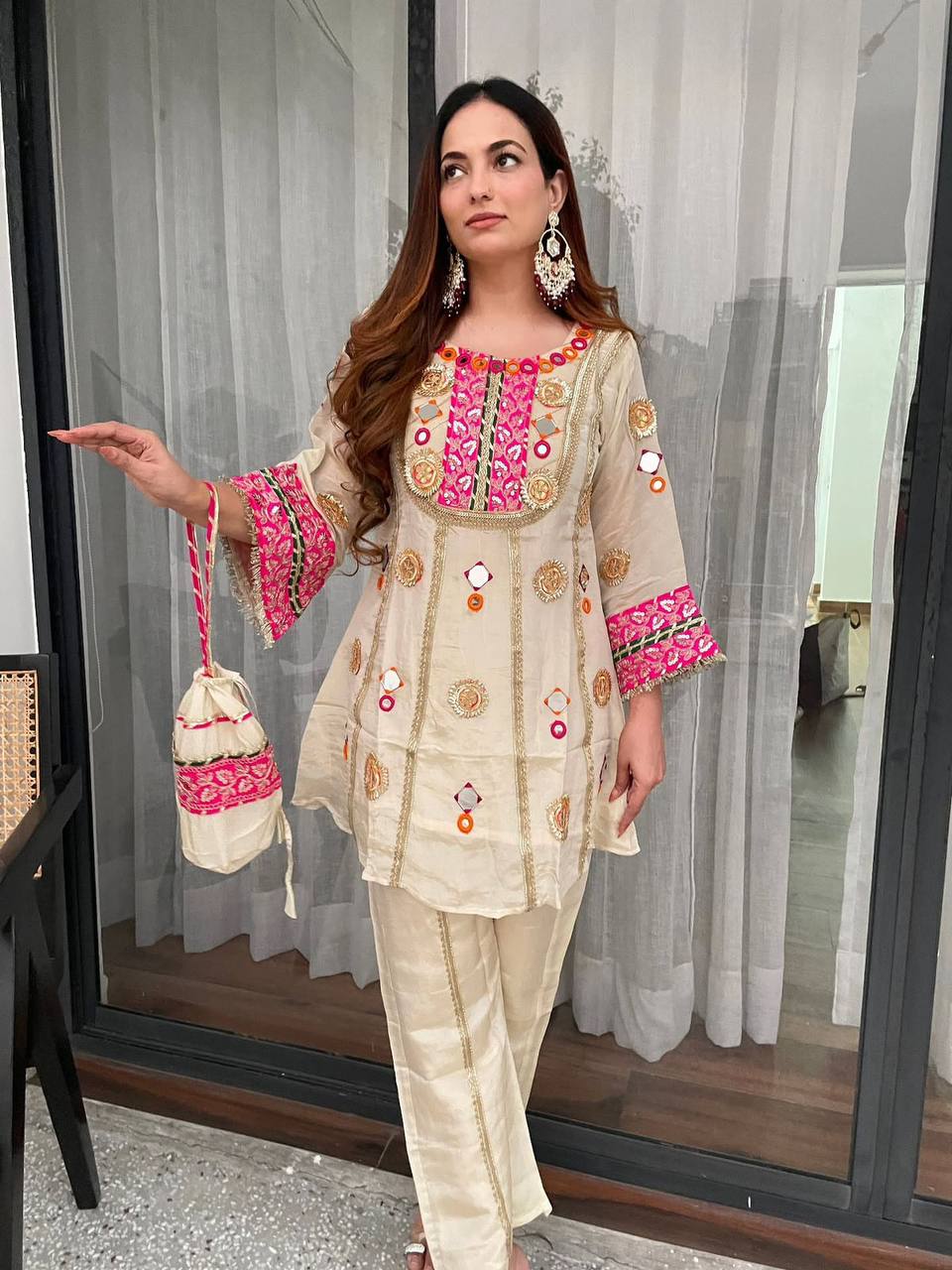 CREAM MIRROR WORK CO-ORD SET WITH SEQUENCE EMBROIDERY