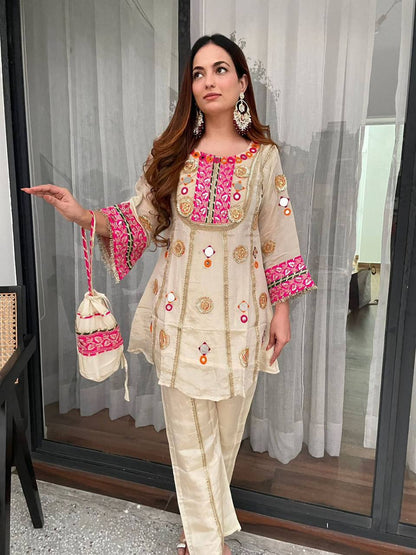CREAM MIRROR WORK CO-ORD SET WITH SEQUENCE EMBROIDERY