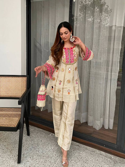 CREAM MIRROR WORK CO-ORD SET WITH SEQUENCE EMBROIDERY