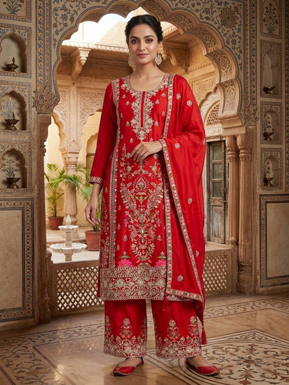 CHINON SILK KURTI PLAZZO SET WITH DUPATTA