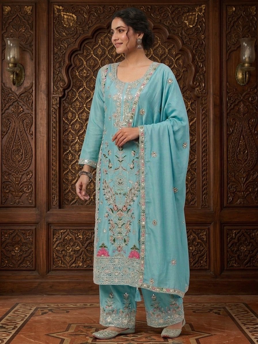 CHINON SILK KURTI PLAZZO SET WITH DUPATTA