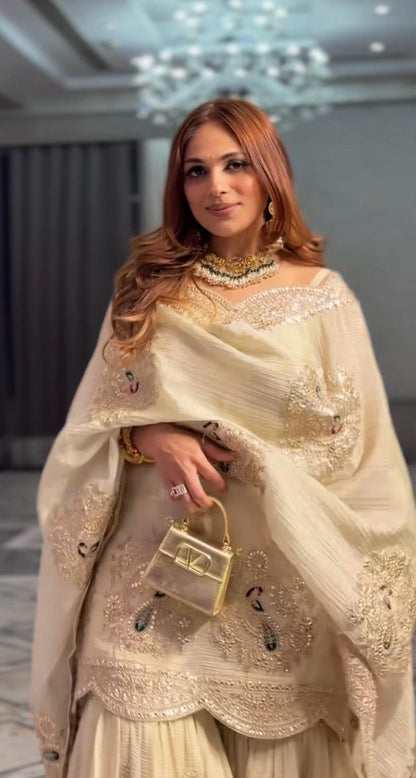CHINON SILK WITH FULL SLEEVES EMBROIDERY WORK KURTI WITH PLAZZO