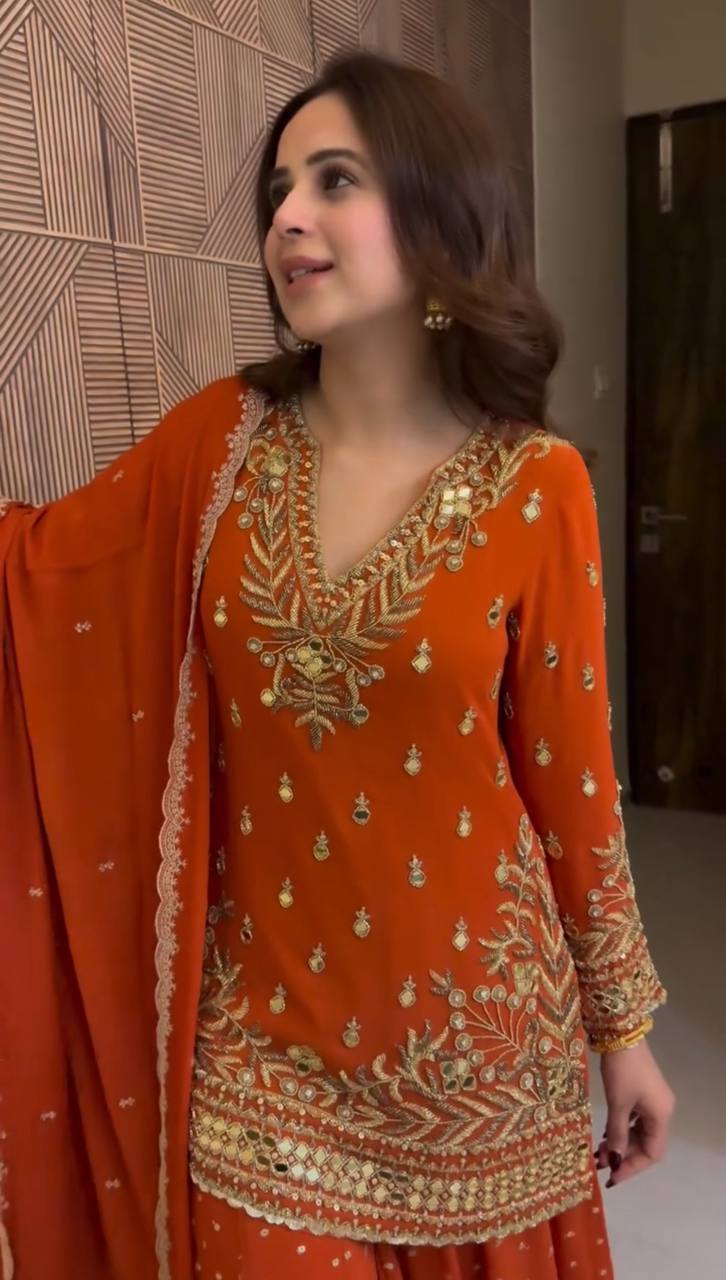 RUST ORANGE SHARARA SUIT SET WITH GOLD EMBROIDERY
