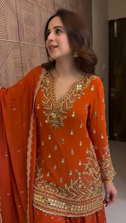 RUST ORANGE SHARARA SUIT SET WITH GOLD EMBROIDERY