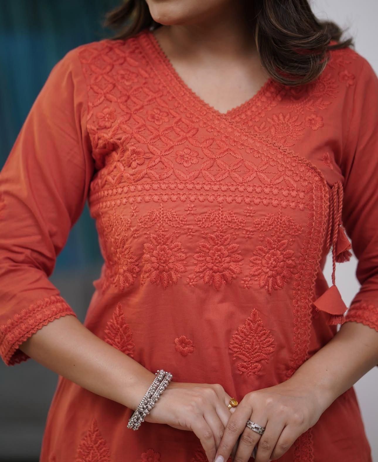 COTTON CHIKANKARI ANGRAKHA STYLE KURTA AND PANT SET
