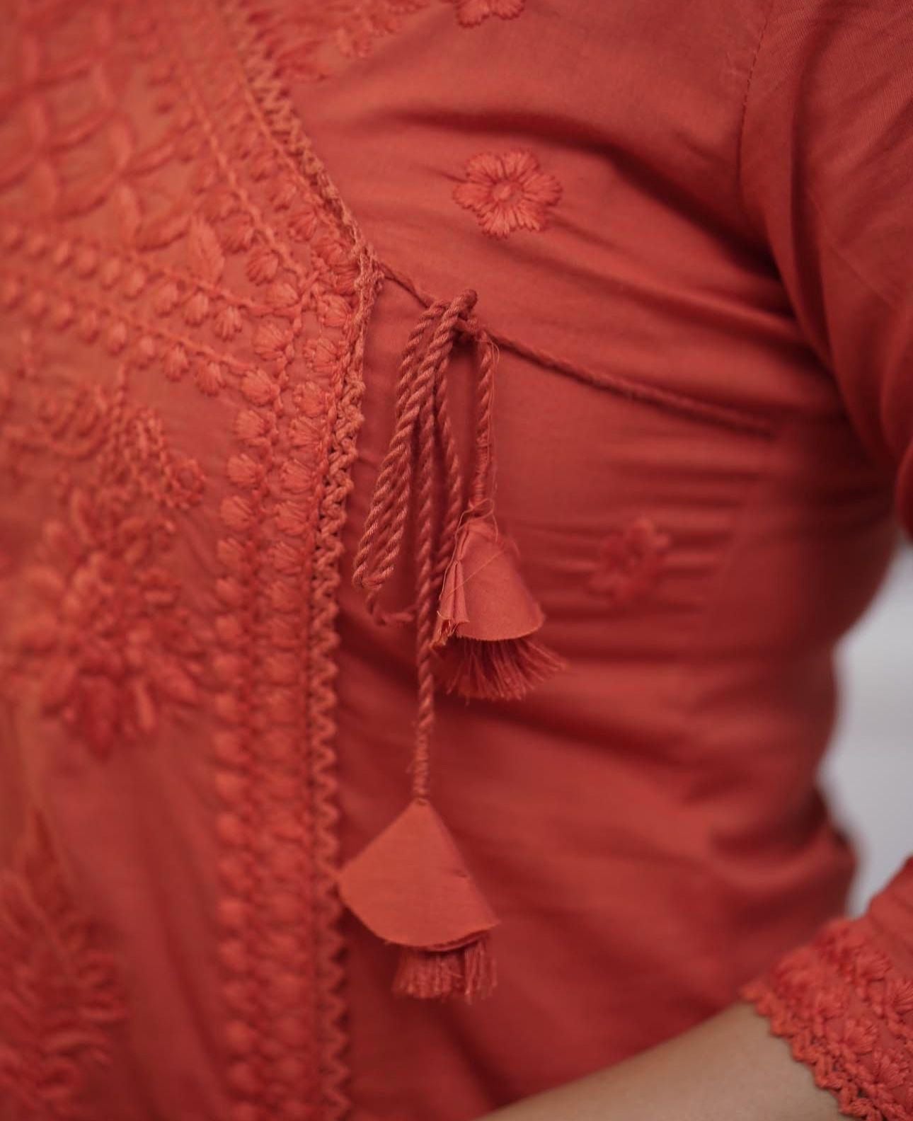 COTTON CHIKANKARI ANGRAKHA STYLE KURTA AND PANT SET