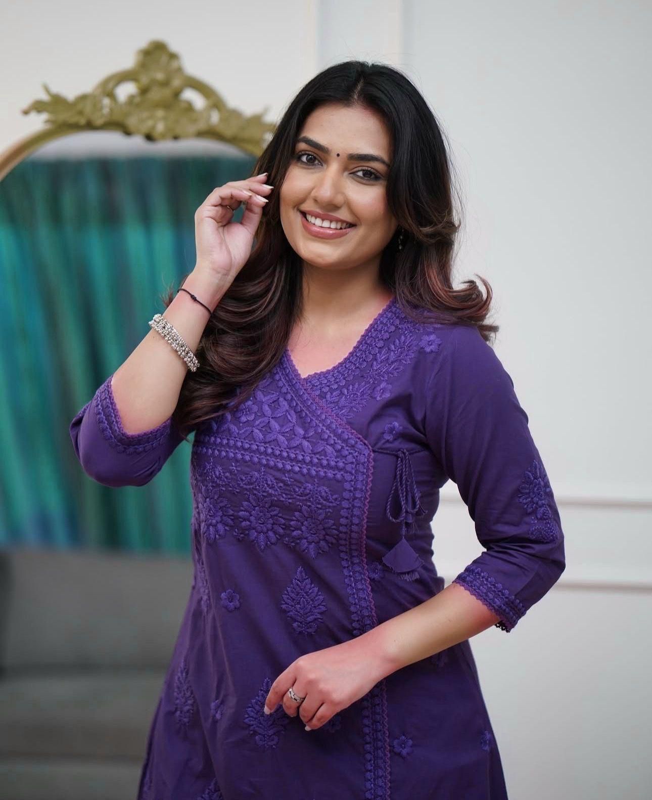 COTTON CHIKANKARI ANGRAKHA STYLE KURTA AND PANT SET