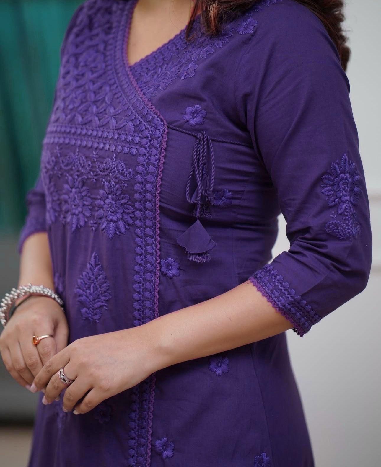 COTTON CHIKANKARI ANGRAKHA STYLE KURTA AND PANT SET