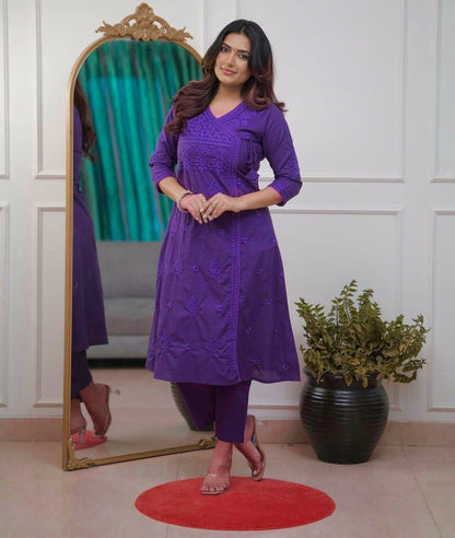 COTTON CHIKANKARI ANGRAKHA STYLE KURTA AND PANT SET