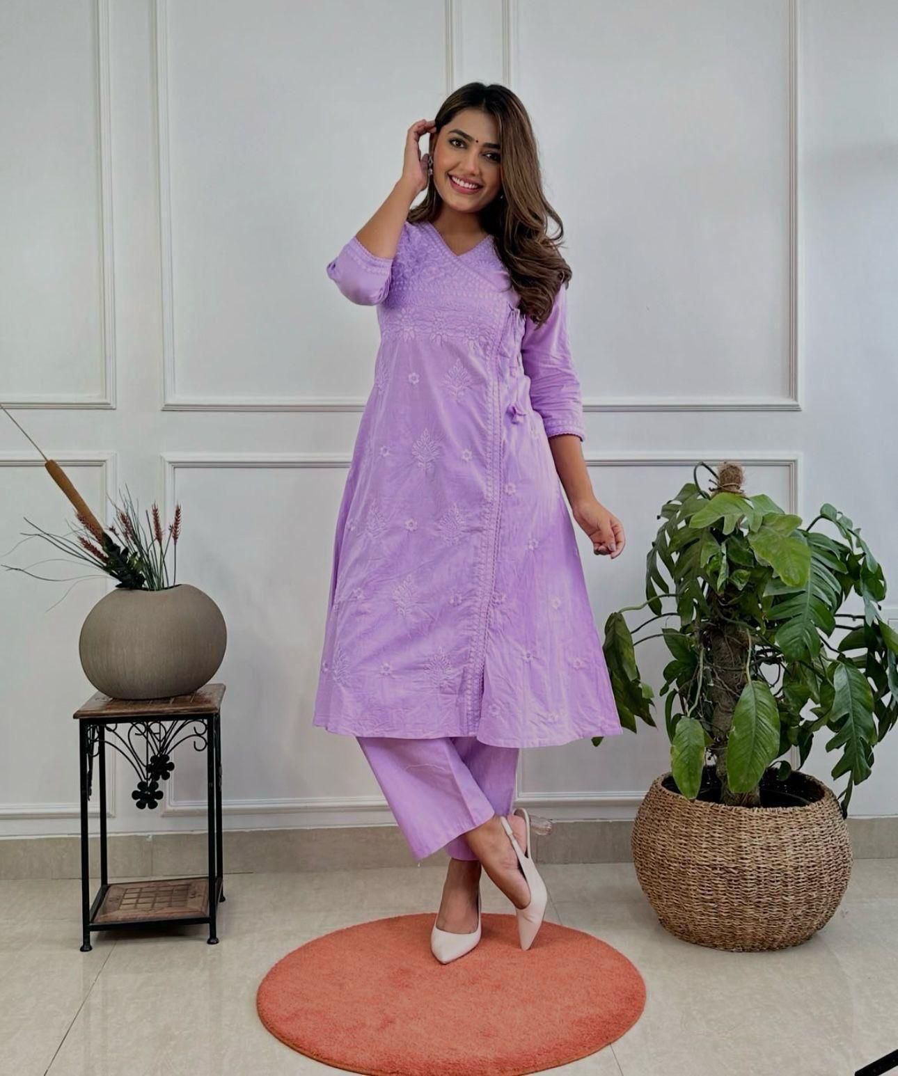 COTTON CHIKANKARI ANGRAKHA STYLE KURTA AND PANT SET