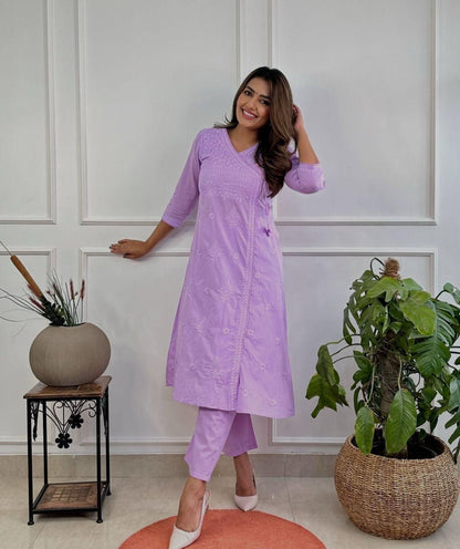 COTTON CHIKANKARI ANGRAKHA STYLE KURTA AND PANT SET