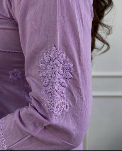 COTTON CHIKANKARI ANGRAKHA STYLE KURTA AND PANT SET