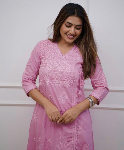 COTTON CHIKANKARI ANGRAKHA STYLE KURTA AND PANT SET