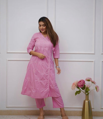 COTTON CHIKANKARI ANGRAKHA STYLE KURTA AND PANT SET
