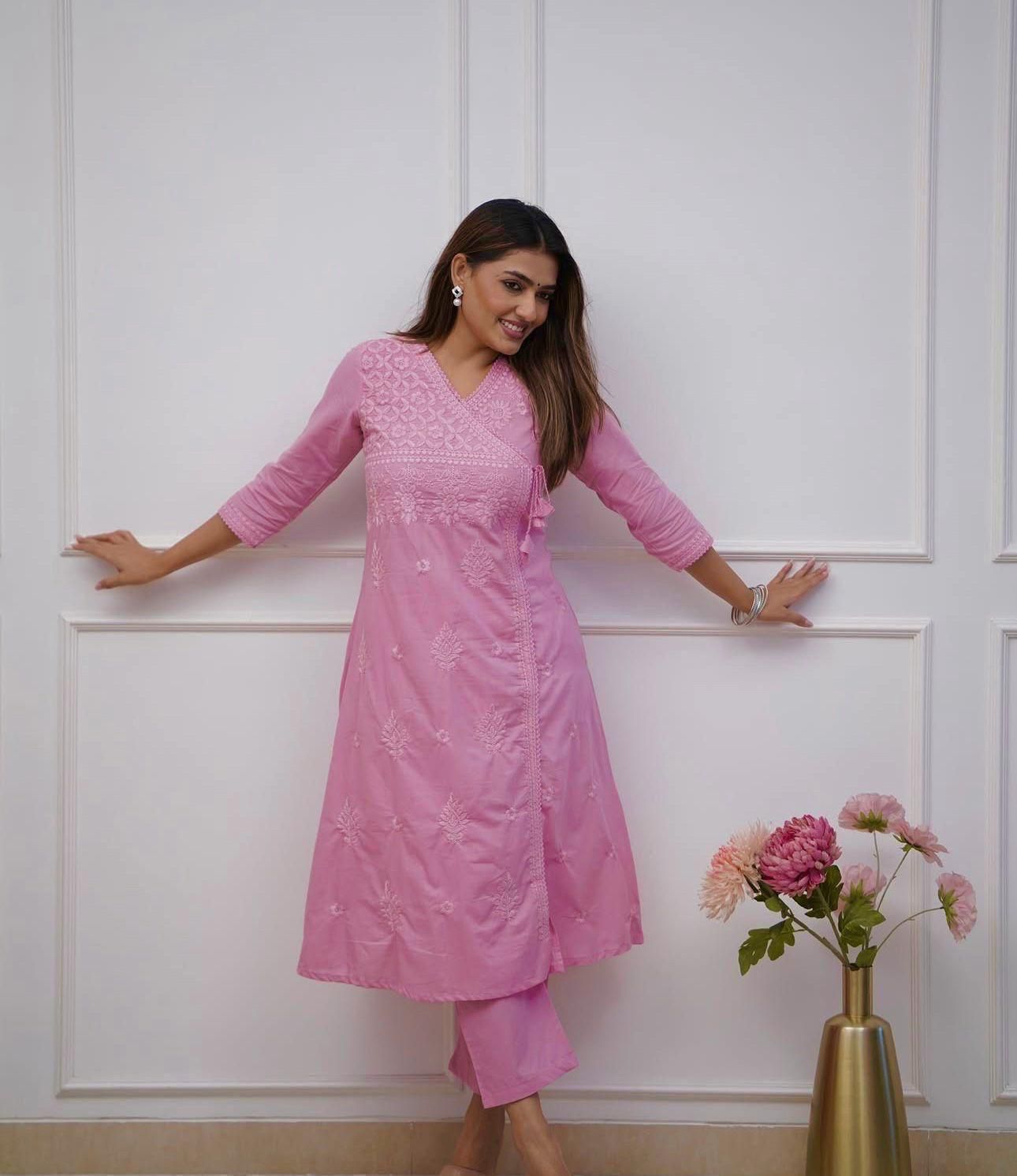 COTTON CHIKANKARI ANGRAKHA STYLE KURTA AND PANT SET