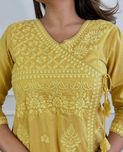 COTTON CHIKANKARI ANGRAKHA STYLE KURTA AND PANT SET