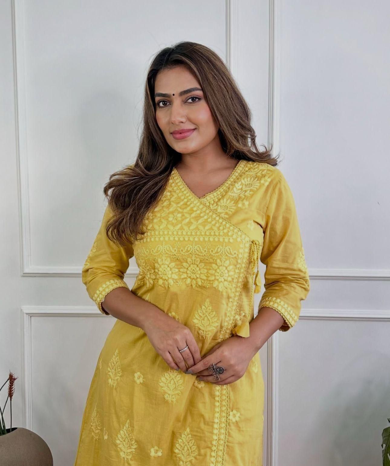 COTTON CHIKANKARI ANGRAKHA STYLE KURTA AND PANT SET