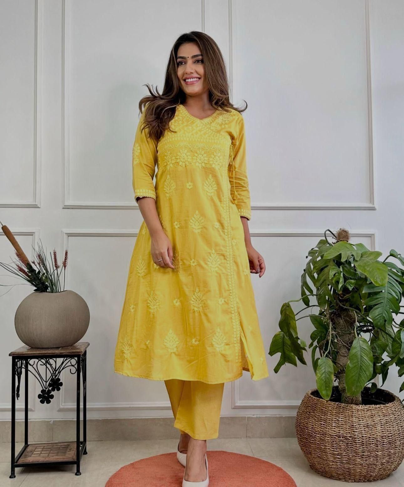 COTTON CHIKANKARI ANGRAKHA STYLE KURTA AND PANT SET
