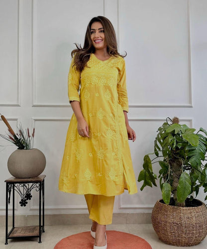 COTTON CHIKANKARI ANGRAKHA STYLE KURTA AND PANT SET