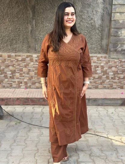 COTTON CHIKANKARI ANGRAKHA STYLE KURTA AND PANT SET