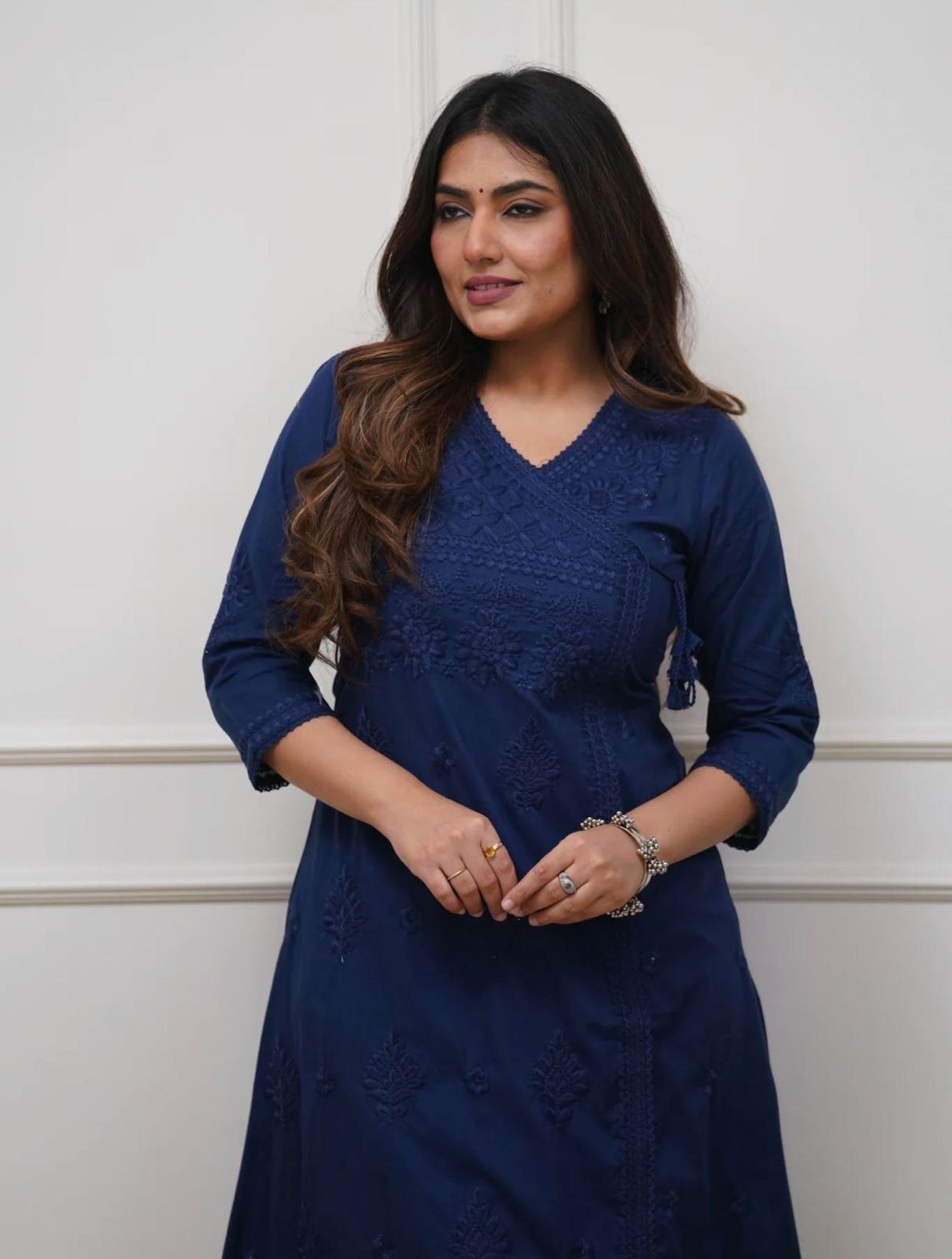 COTTON CHIKANKARI ANGRAKHA STYLE KURTA AND PANT SET
