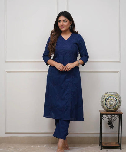COTTON CHIKANKARI ANGRAKHA STYLE KURTA AND PANT SET