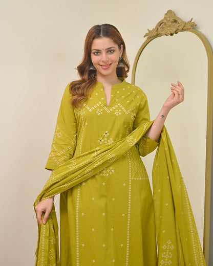 SUMMER SPECIAL BANDHEJ A LINE COTTON KURTA SET