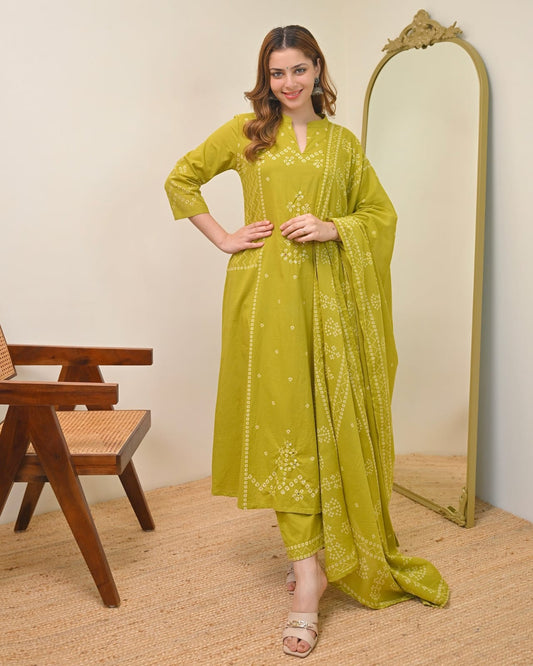 SUMMER SPECIAL BANDHEJ A LINE COTTON KURTA SET