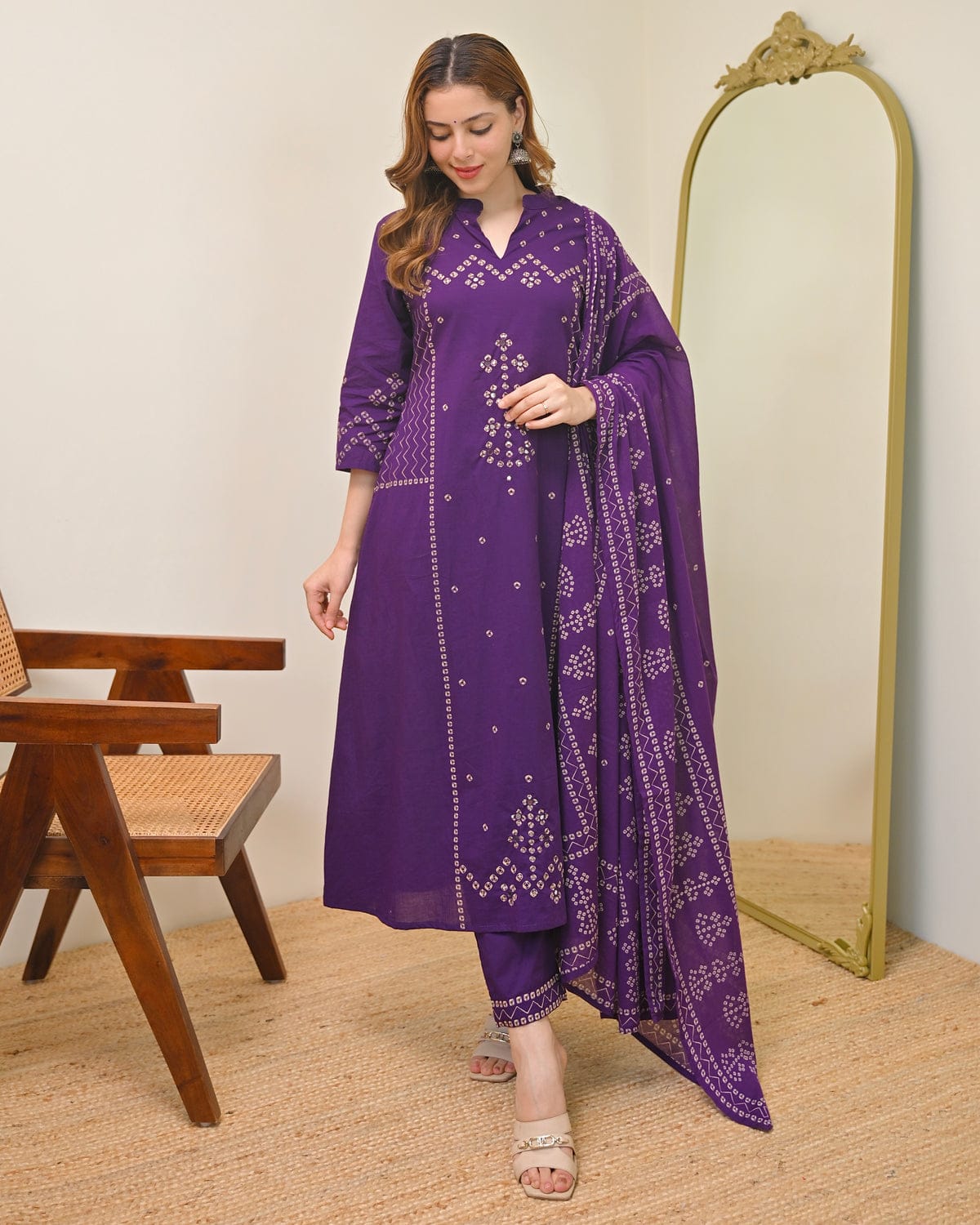 SUMMER SPECIAL BANDHEJ A LINE COTTON KURTA SET