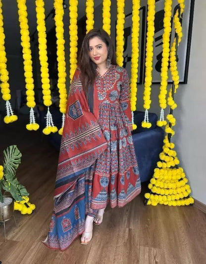 DO PATTI AJRAKH PRINT COTTON ANARKALI