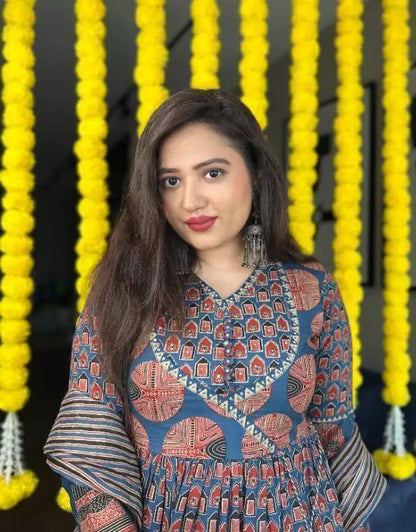 DO PATTI AJRAKH PRINT COTTON ANARKALI