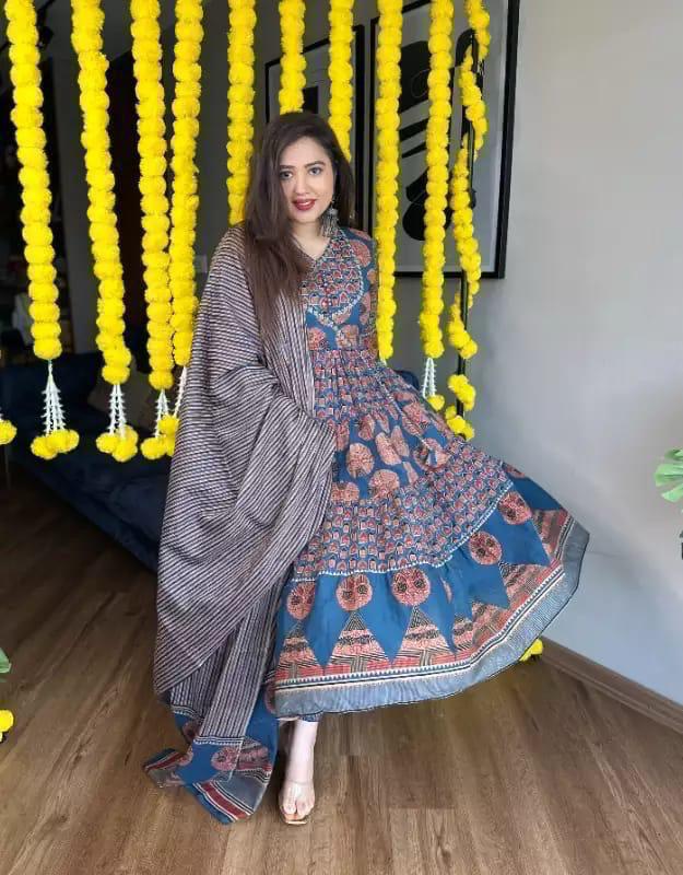 DO PATTI AJRAKH PRINT COTTON ANARKALI