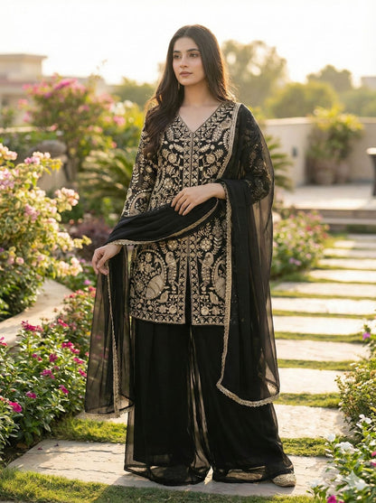 FAUX GEORGETTE PLAZZO KURTA SET WITH DUPATTA
