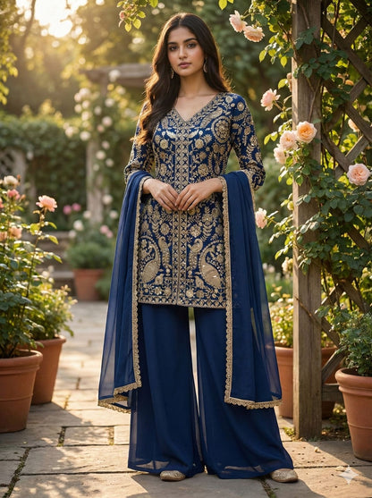 FAUX GEORGETTE PLAZZO KURTA SET WITH DUPATTA
