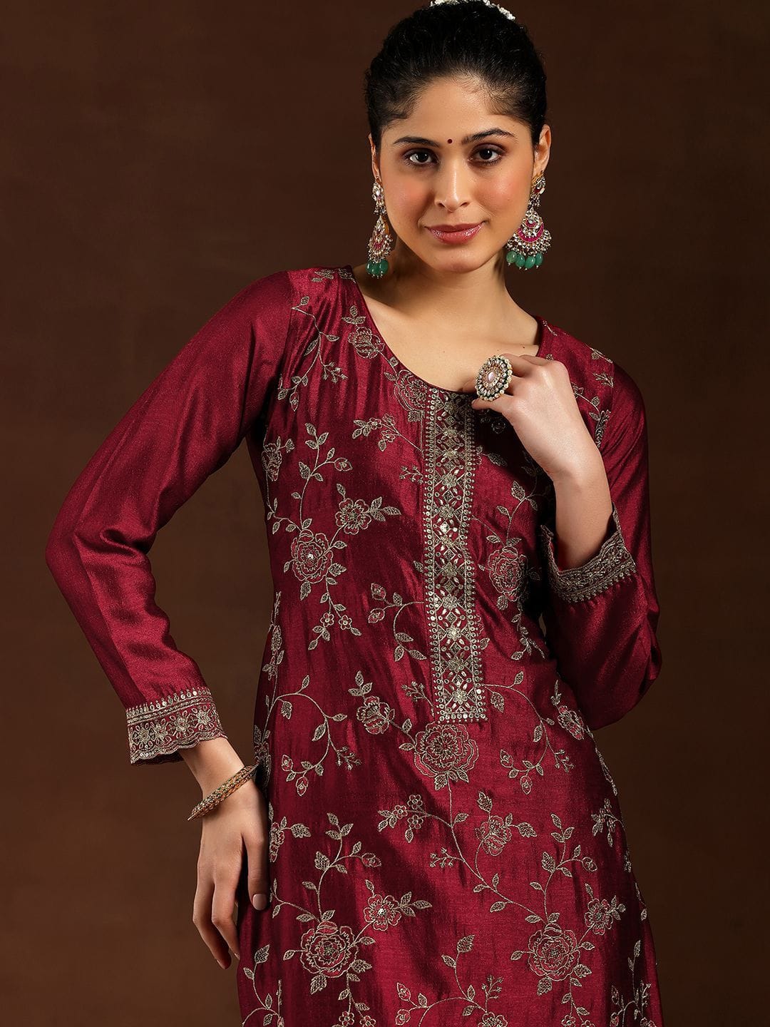 MAROON EMBROIDERED SILK BLEND STRAIGHT SUIT WITH DUPATTA