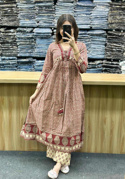 MAROON AJRAKH PRINT COTTON ANARKALI SUIT SET