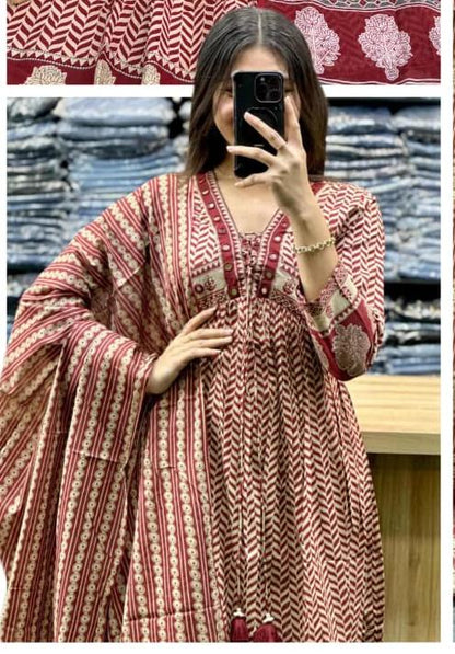 MAROON AJRAKH PRINT COTTON ANARKALI SUIT SET