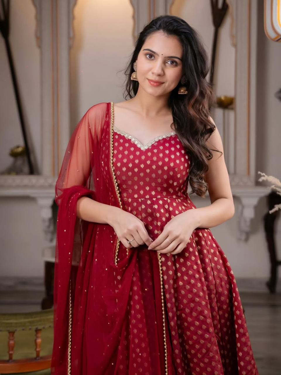 MAROON - ANARKALI SUIT SET WITH PEARL EMBELLISHED NET DUPATTA
