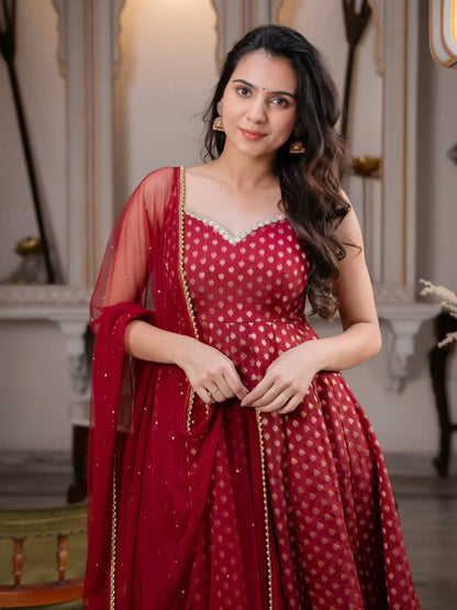 MAROON - ANARKALI SUIT SET WITH PEARL EMBELLISHED NET DUPATTA