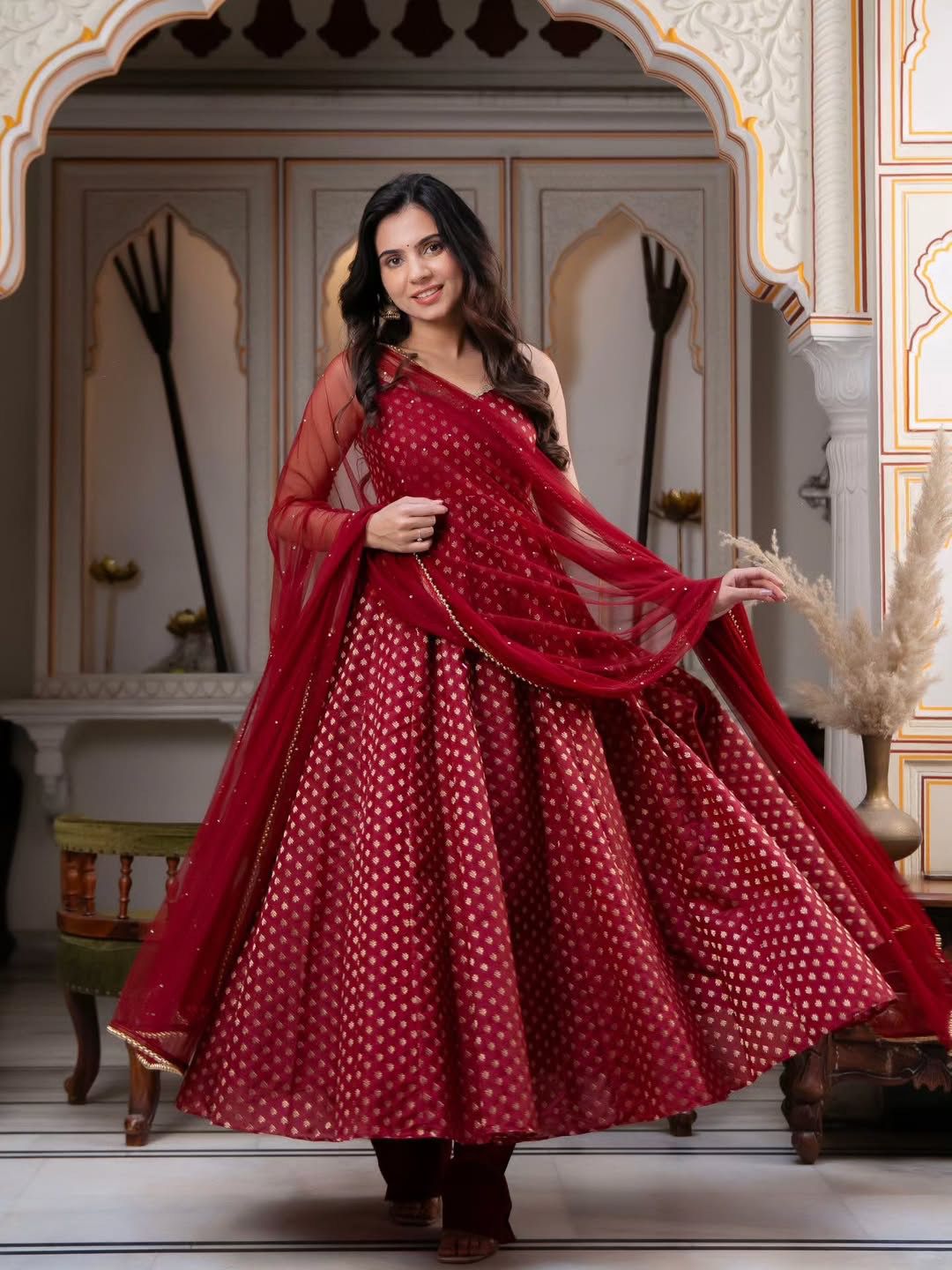 MAROON - ANARKALI SUIT SET WITH PEARL EMBELLISHED NET DUPATTA