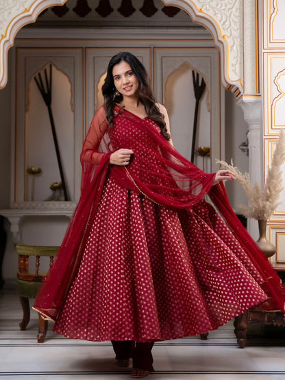 MAROON - ANARKALI SUIT SET WITH PEARL EMBELLISHED NET DUPATTA