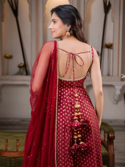 MAROON - ANARKALI SUIT SET WITH PEARL EMBELLISHED NET DUPATTA