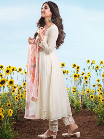 WHITE WOMEN FLORAL EMBROIDERED REGULAR THREAD WORK KURTA SET